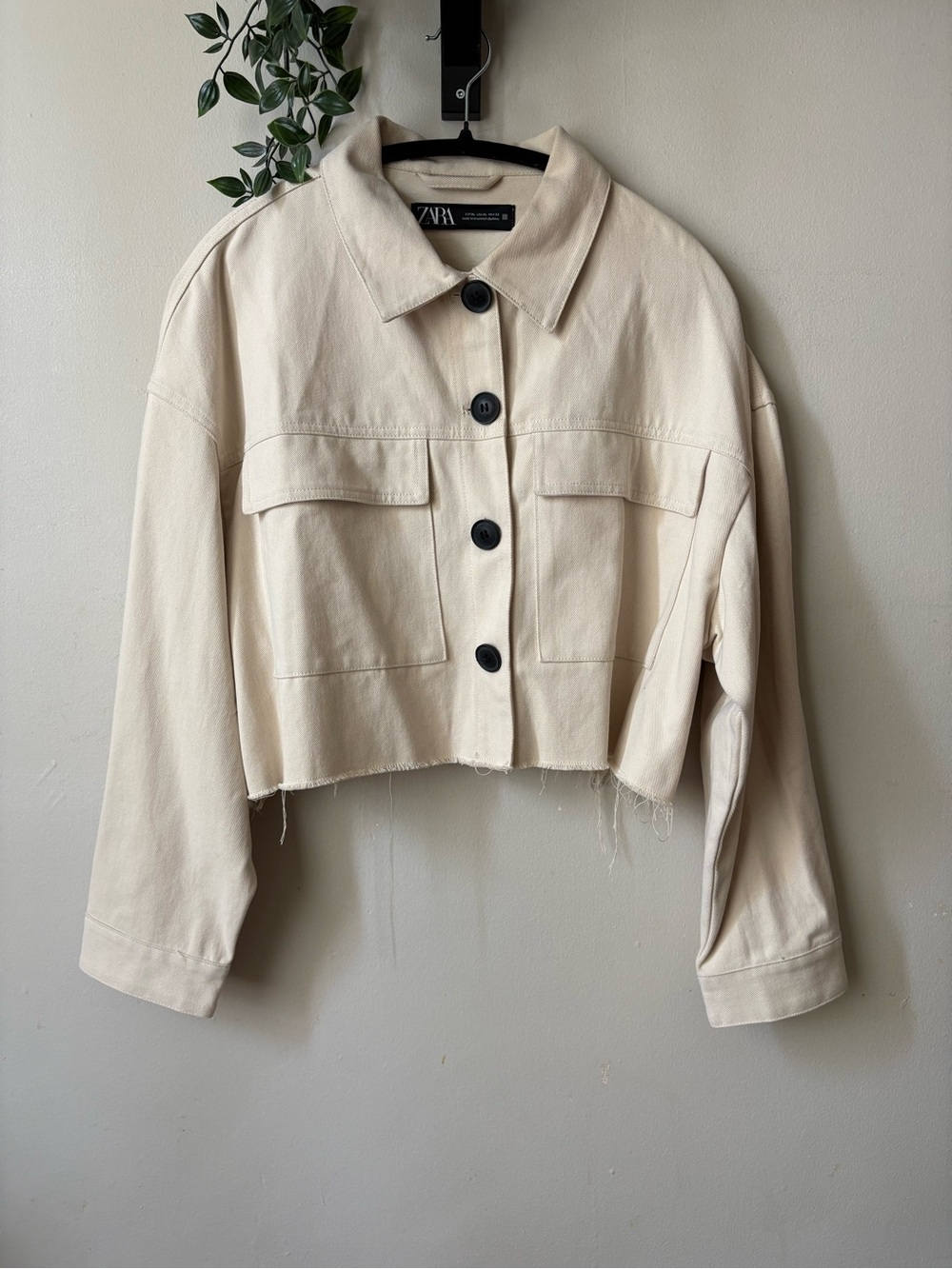 Zara Cream Cropped Button Jacket with Black Buttons